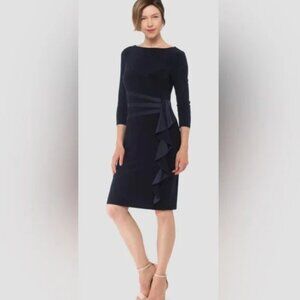 Joseph Ribkoff with Rouched Cascade w Satin Accents Navy Midi Dress, Sz10 NWOT!